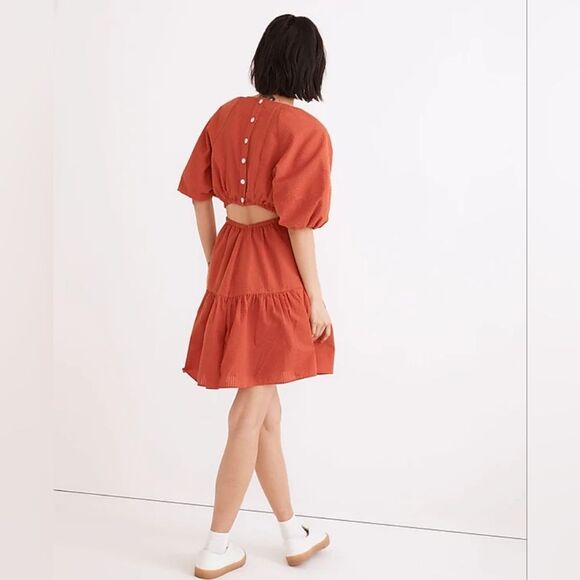 Madewell Orange Seersucker Puff-Sleeve Cutout Mini Dress XXL CottageCore Fall - Picture 4 of 9